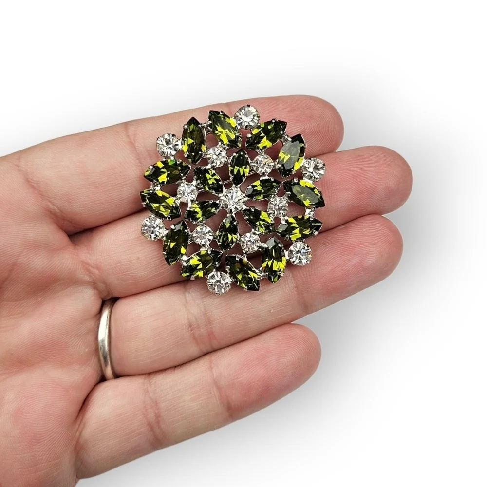 Vintage Rhinestone Flower Brooch Green White Rhodium Plated Snowflake B David